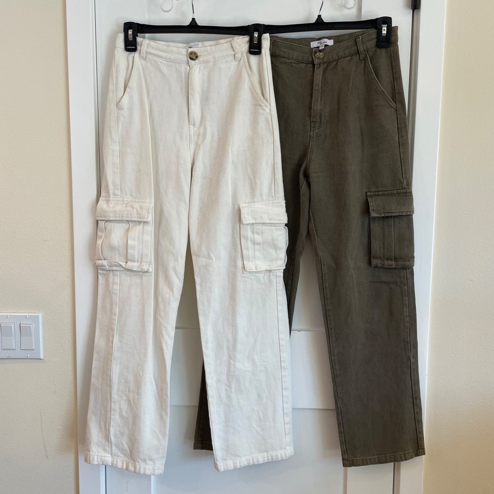 Womens Pants Jeans Linen Cotton Cargo High‎ Rise S Smart Casual Cream Olive BOGO